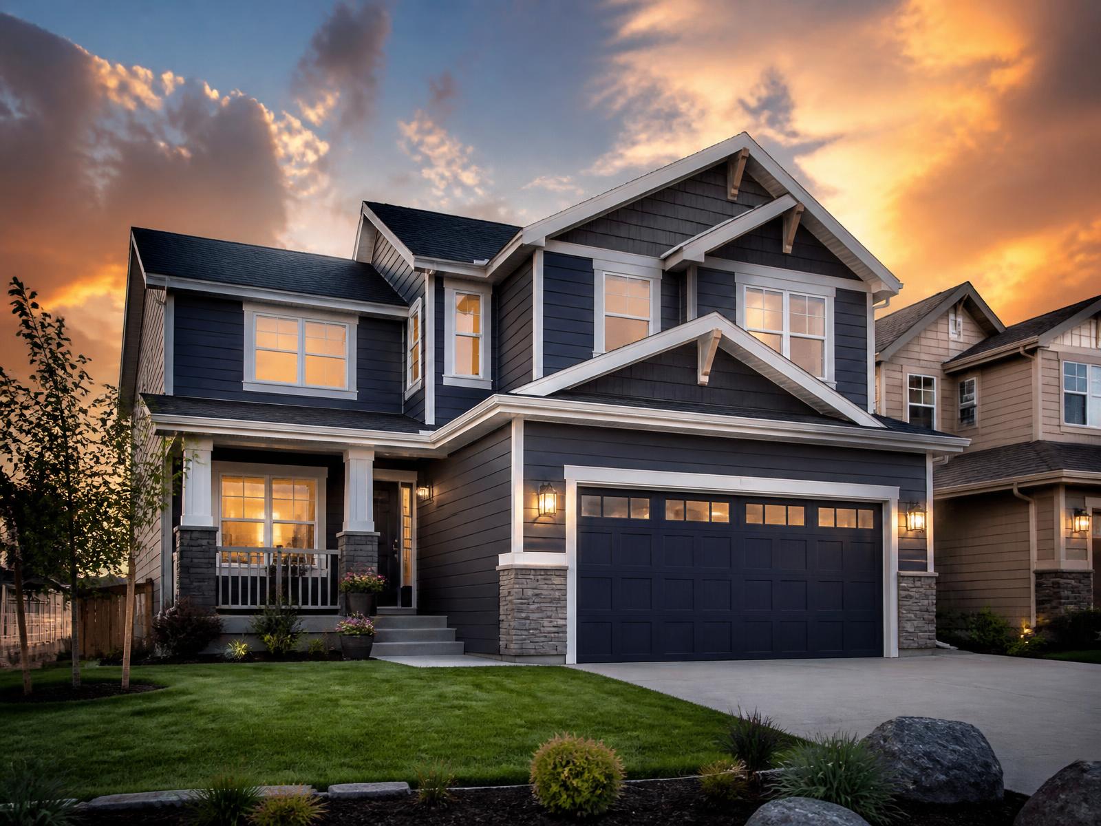 Calgary home with new navy blue siding, shingle roof and seamless rain gutters at sunset